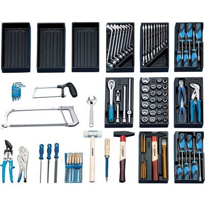 A comprehensive set of various hand tools, including spanners, screwdrivers, saws, pliers, and hammers.