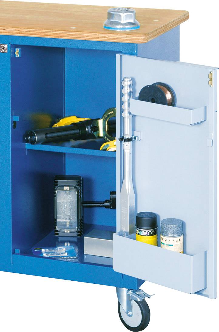 Blue tool cabinet with an open door; shows shelves with tools and containers; mobile with three wheels; wooden surface on top.