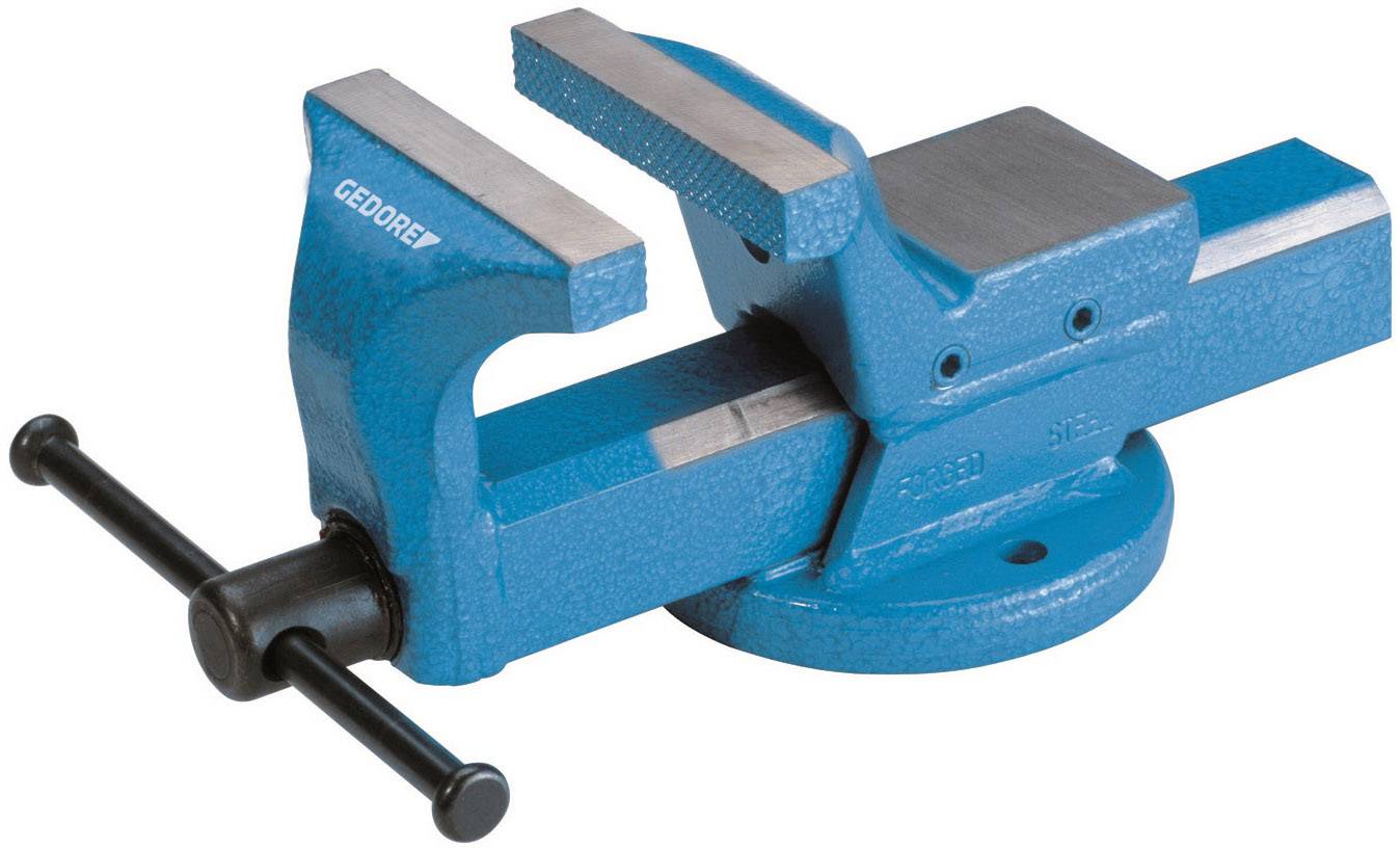 A blue metal vice mounted on a circular base. To the left, a lever for adjusting the jaws.