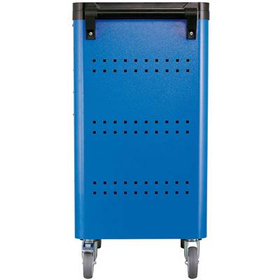 A blue mobile storage container with ventilation holes and four wheels, suitable for transporting or storing items.