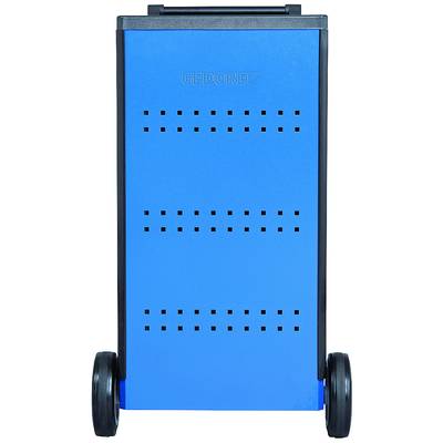 Blue tool trolley with two large wheels and slots on the front, suitable for storing and transporting tools.