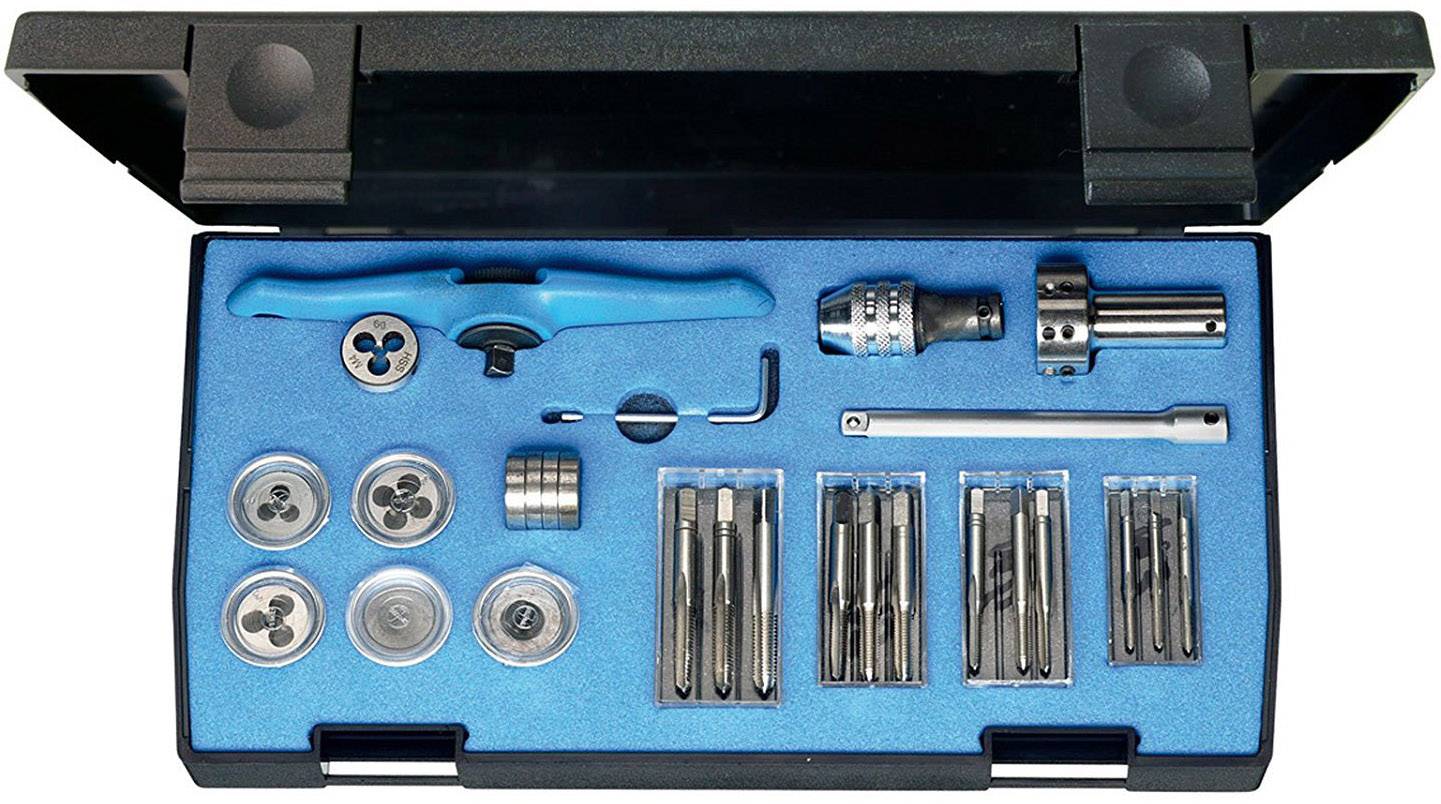 'Set of threading tools in an open case, including various cutting heads and accessories, on blue foam.'