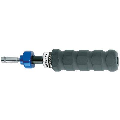 Short screwdriver by GEDORE with ergonomic, ribbed handle and blue, rotating head. Ideal for tight spaces.