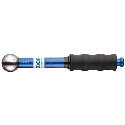Blue torque wrench with black handle and steel head, scale marked on the side. Tool for precise torque measurement.