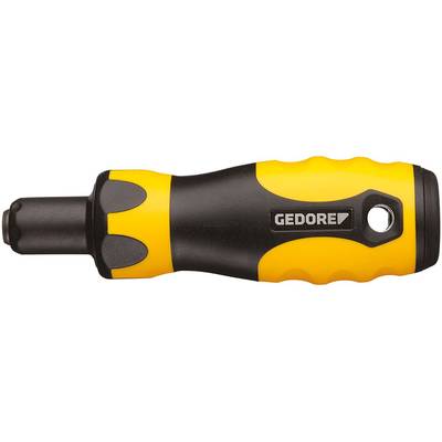 Yellow and black screwdriver handle with 'GEDORE' printed on it, suitable for various bits, ergonomically designed for comfortable grip.