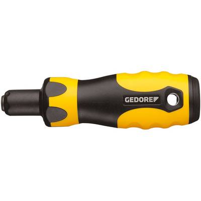 Yellow and black screwdriver handle with 'GEDORE' logo, ergonomically shaped for comfortable grip, without visible bits.