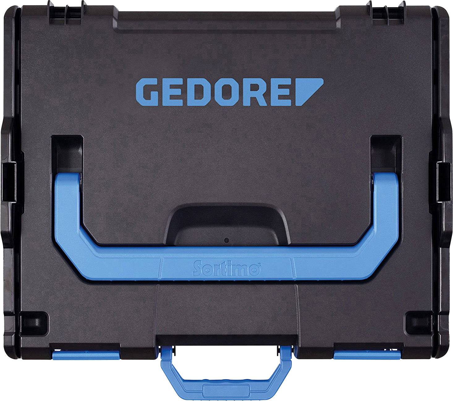 Black tool case with blue handle, brand name 'GEDORE' in blue on the top surface, suitable for tools and accessories.