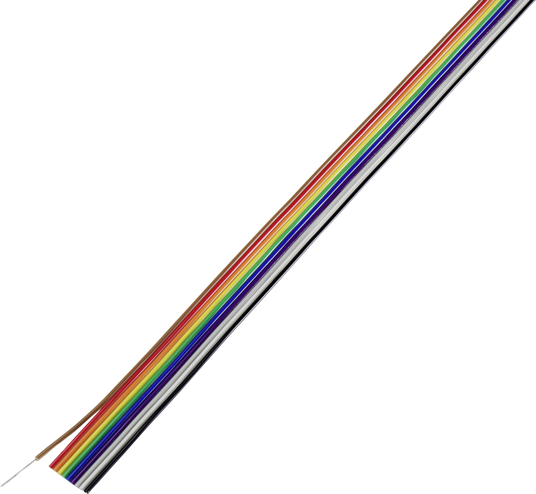 A colourful flat ribbon cable with multiple parallel arranged, insulated conductors in the colours of the rainbow.