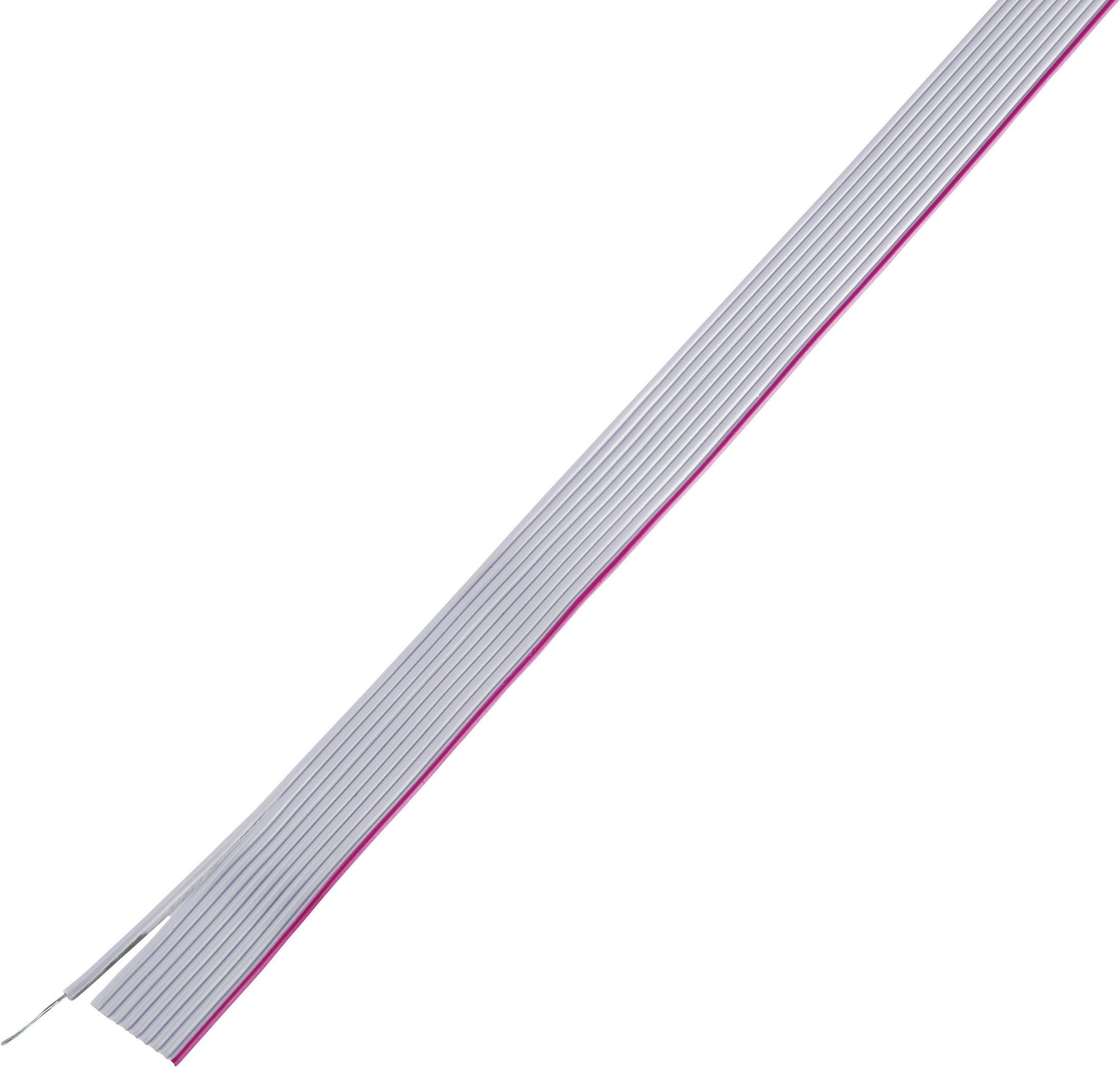Grey flat ribbon cable with a red marking along one edge, commonly used to organise multiple electrical connections in a compact manner.