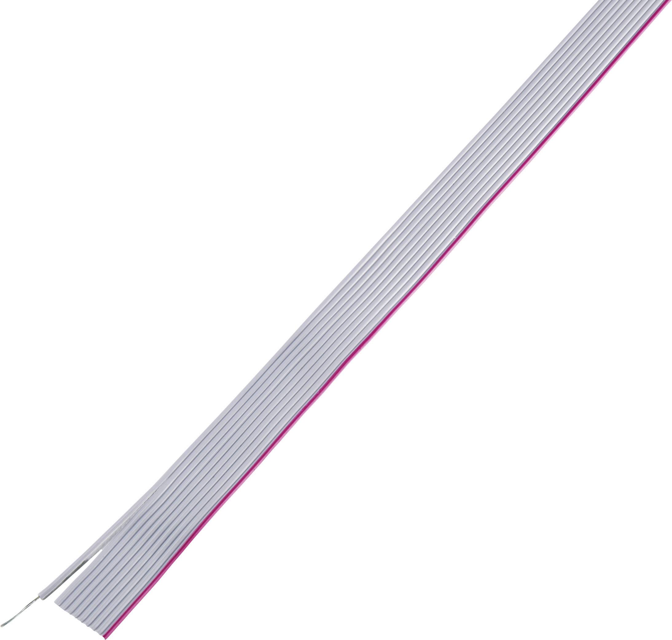 A grey flat ribbon cable with a red stripe on one side, used for connecting electronic components.