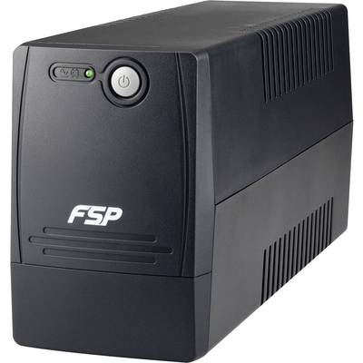 A black uninterruptible power supply (UPS) with a grey network switch and LED indicator on the front.