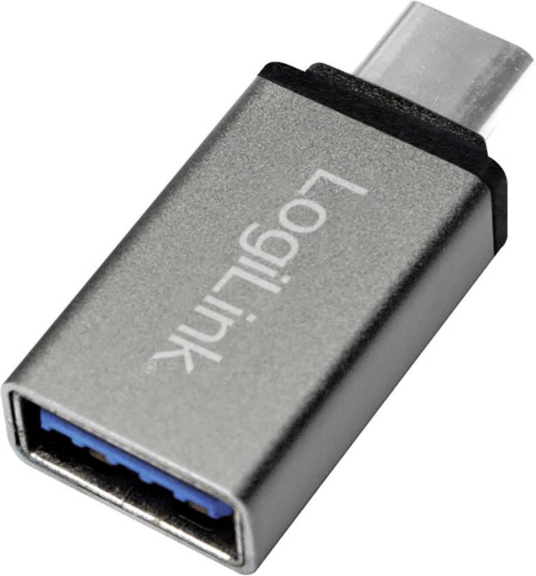 A silver USB-C adapter with the inscription 'Logilink', which converts a USB-A plug to USB-C.