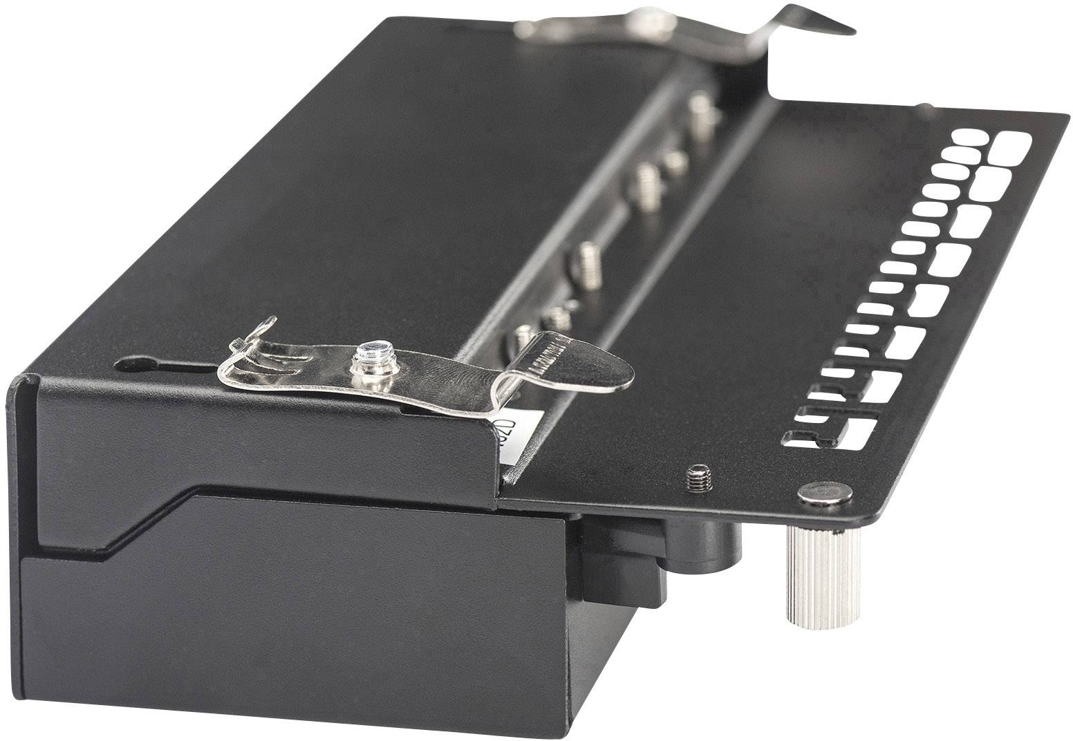 Binding machine for ring binding, black, side view. Shows metal eyelets and binding rods. Suitable for binding documents.
