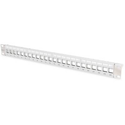 Patch panel with 24 numbered connection ports, mountable in a server rack; used for network cabling.