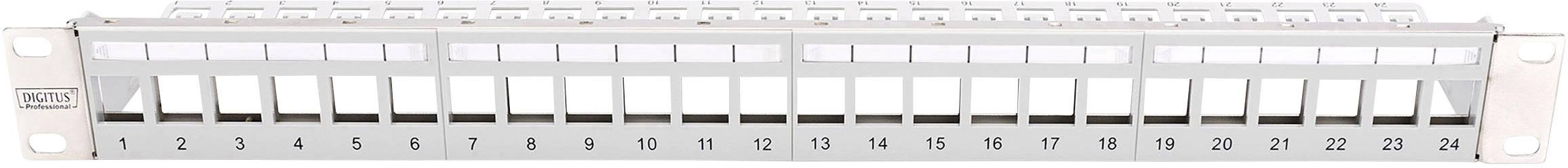 Patch panel with 24 numbered Ethernet ports, for network cable management in server rooms and technical facilities.