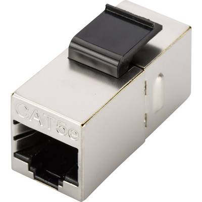 A CAT5e network plug made of metal with a black clip for Ethernet cabling in a network or home network.