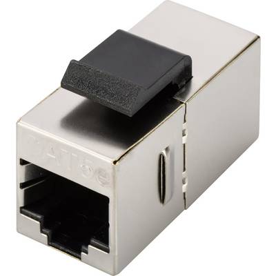 A close-up of an RJ45 network plug, showing the metal casing and the black plastic boot for the cable connection.