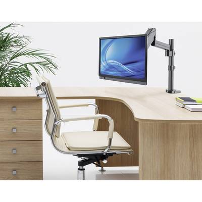 A modern desk with a wooden floor, an ergonomic office chair, a monitor stand with a screen and some files.