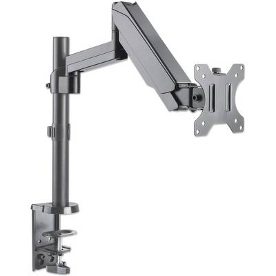 Black monitor mount with adjustable arm and desk clamp for attachment. Suitable for ergonomic positioning of a screen.