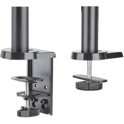 Two black metal desk clamps for attaching a rod or monitor arm. The clamp is fixed on the left, open on the right.