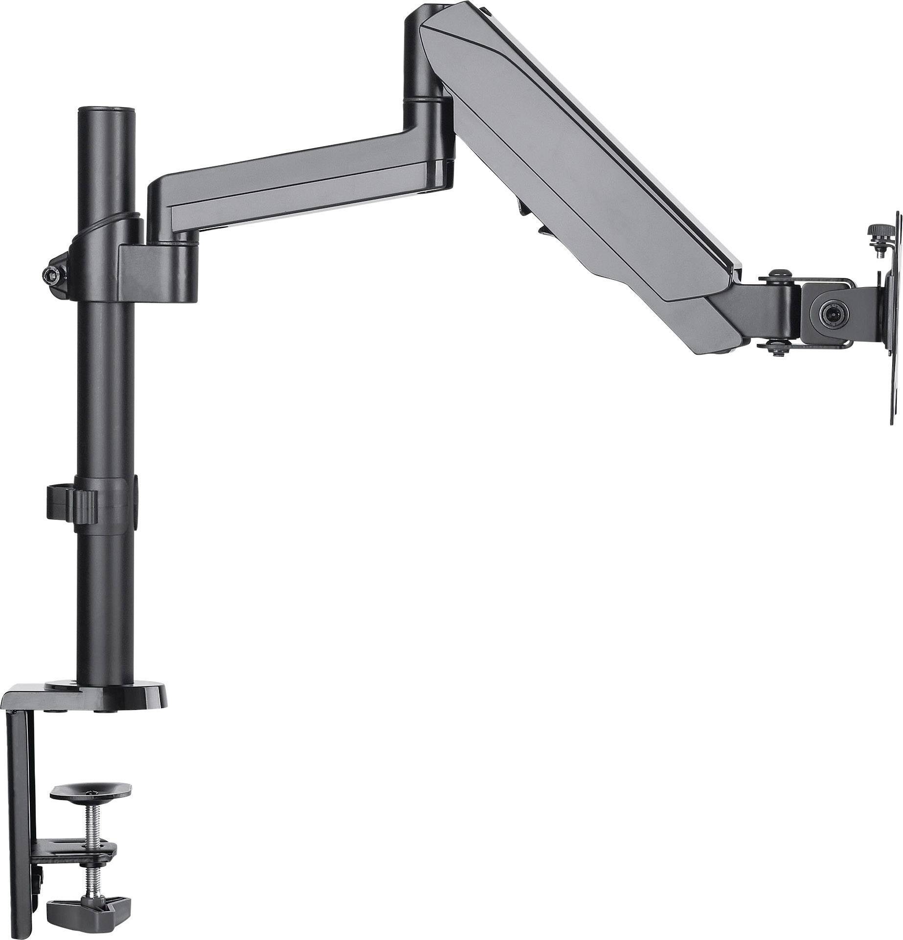 Black monitor arm with desk-mounted clamp, adjustable in height and depth, for ergonomic screen positioning.