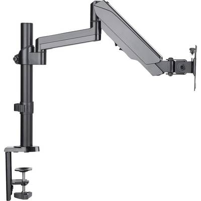 Black monitor arm with desk-mounted clamp, adjustable in height and depth, for ergonomic screen positioning.