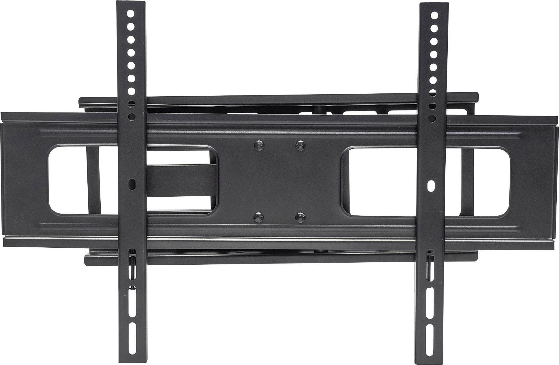 Wall mount for television, made of black metal, with adjustable brackets and multiple mounting holes.