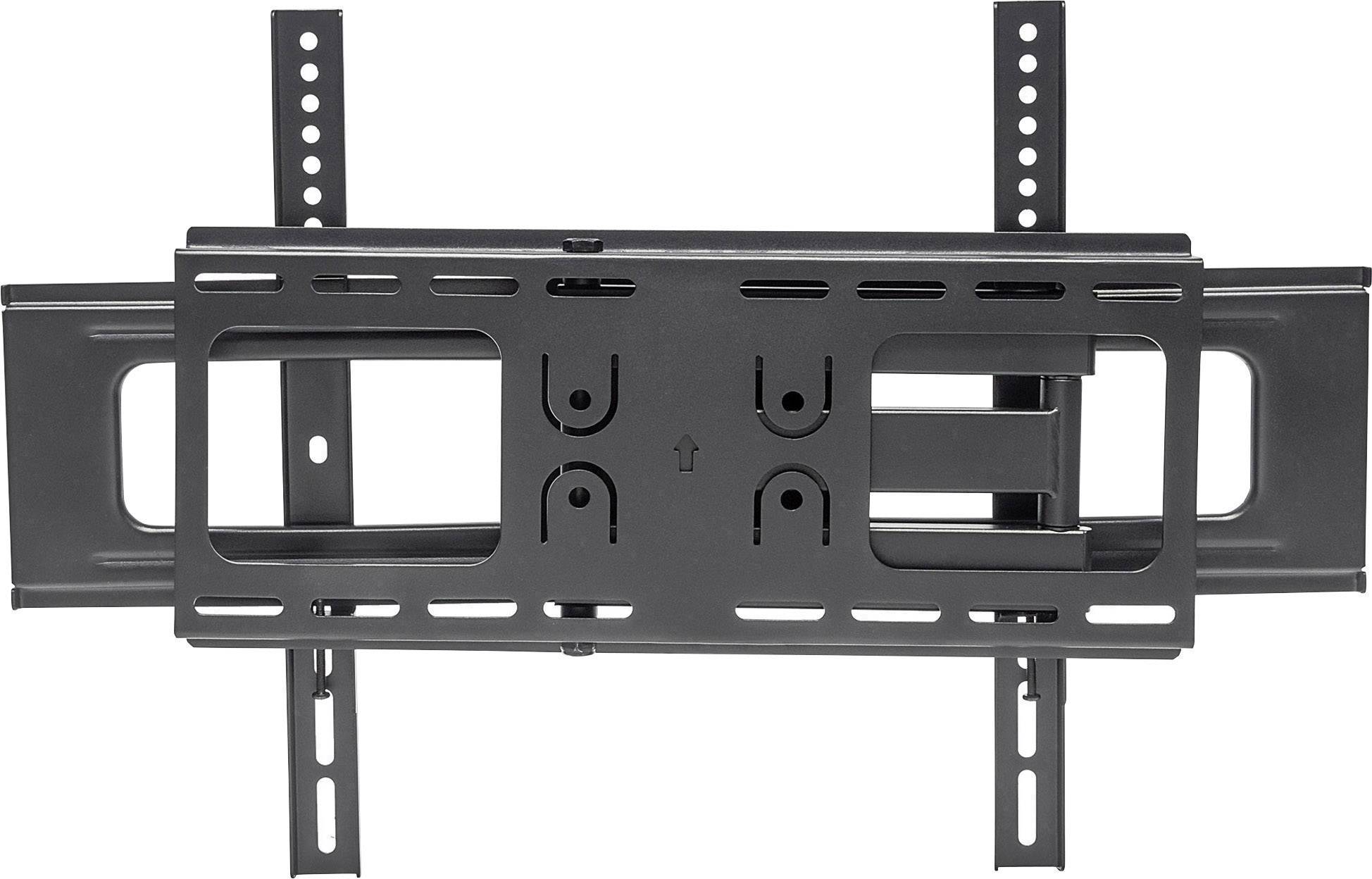 Black wall mount for televisions or monitors with adjustable arms. Suitable for mounting on a flat wall.