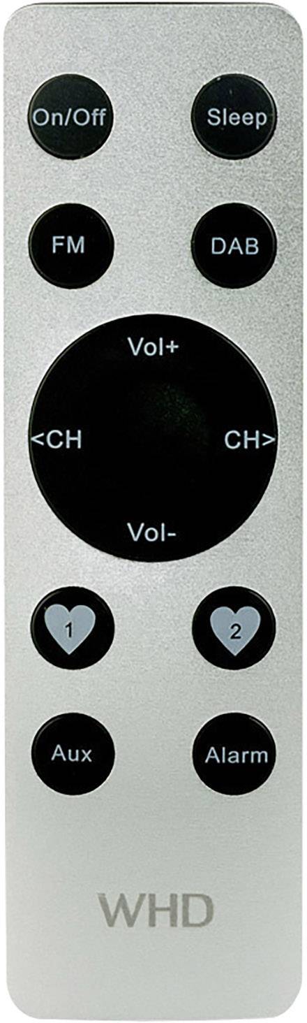 A silver remote control with black buttons, including 'On/Off', 'Sleep', volume control and 'Alarm'.