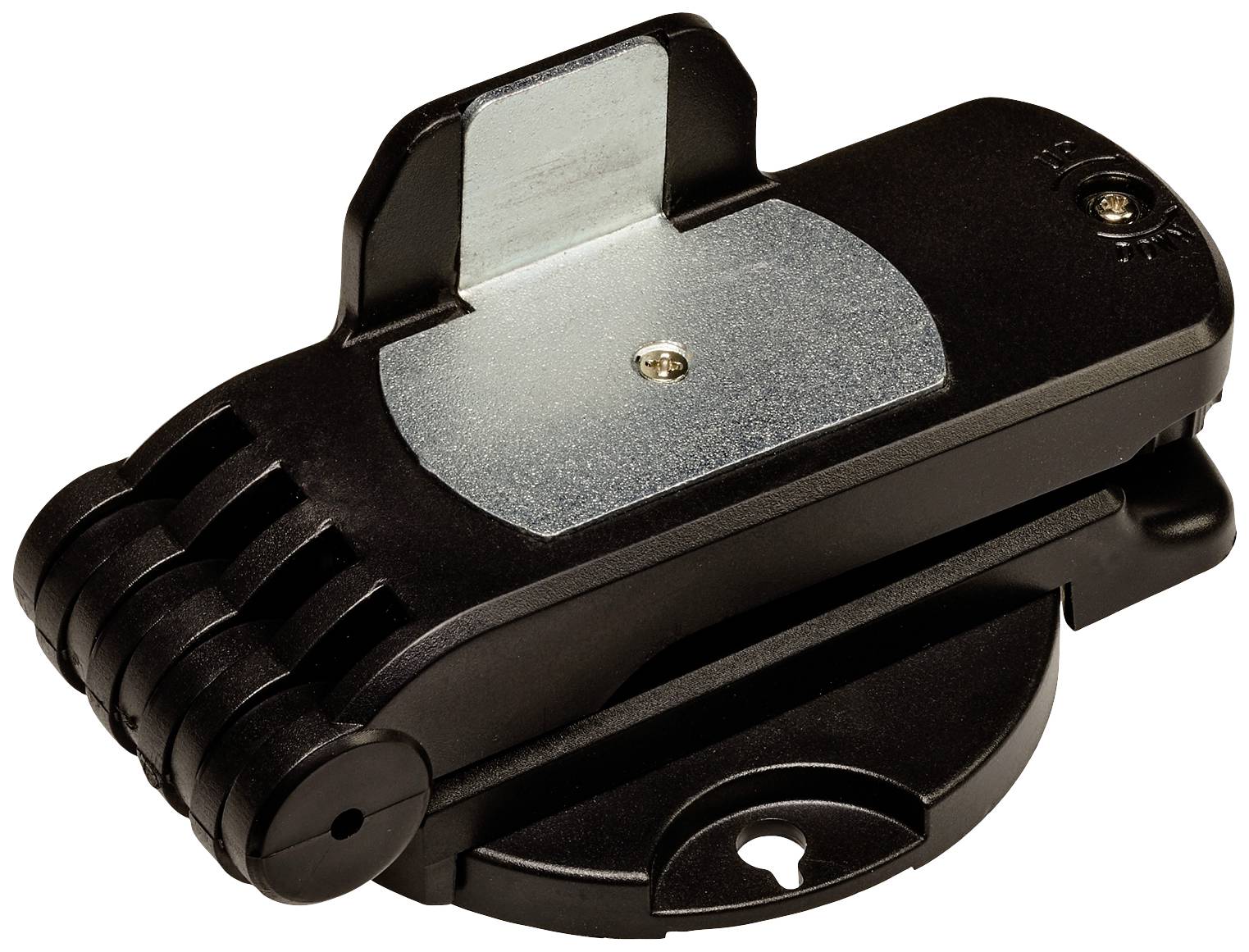 A black camera mount with a metal clip and screw, suitable for attaching to helmets or other surfaces.