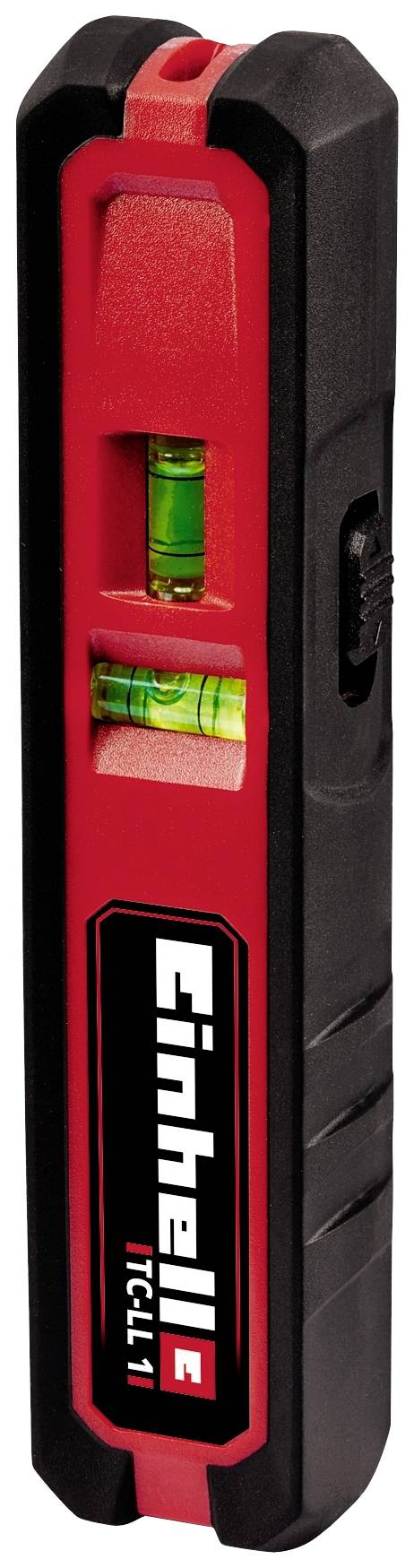 Red and black laser spirit level with Einhell logo, featuring two vials for measuring horizontal and vertical planes.