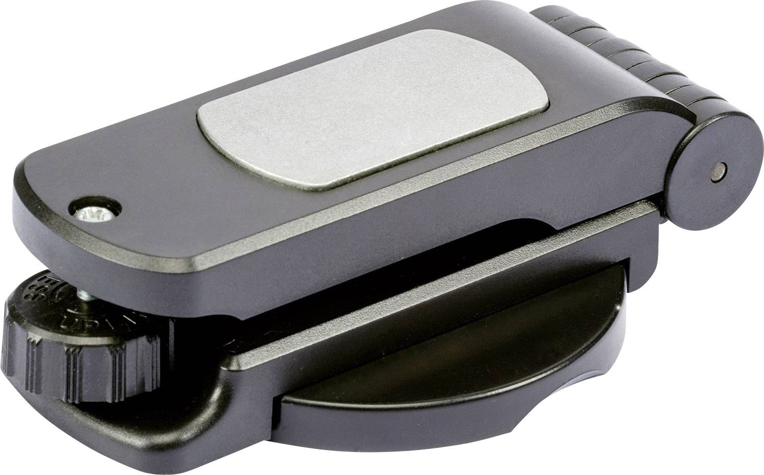 A black belt clip holder with a silver sticker, designed to be compact and slim, lying on a white surface.