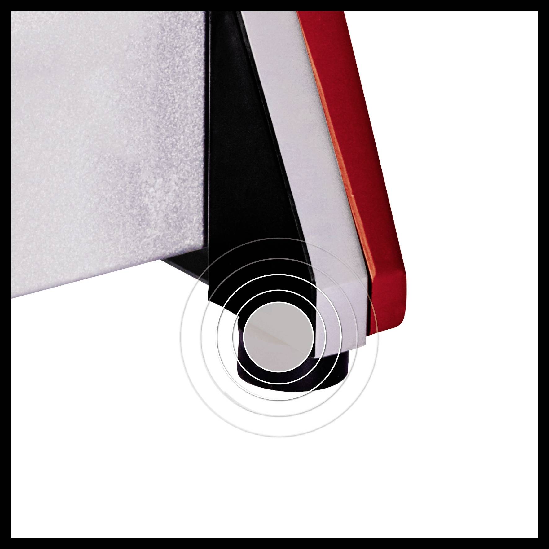 A table with round, circular design elements on a table leg, which resemble circular waves.