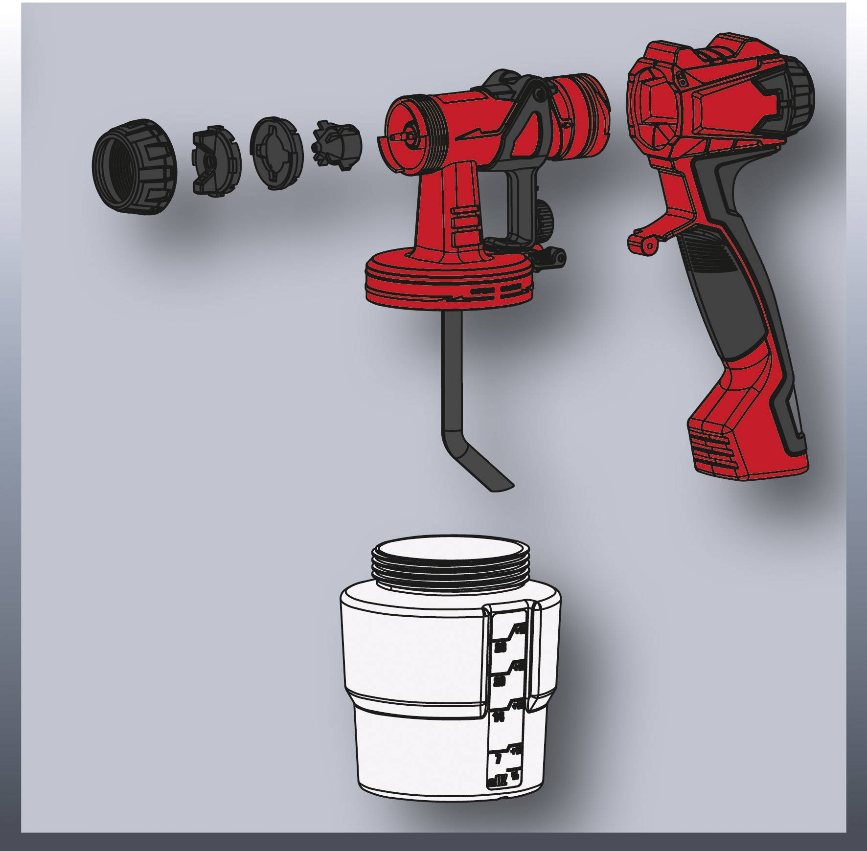 A person in protective clothing is spraying disinfectant on surfaces. A red sign reads: 'Also suitable for surface spray disinfection'.