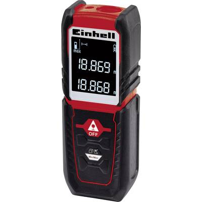 A digital laser distance metre in black and red displays a measured distance of 18.868 metres on the screen.