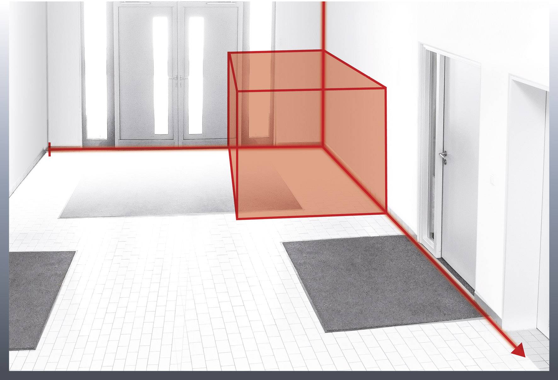 A red three-dimensional cube shows spatial depth, placed in a white corridor with doors, helping to visualise spatial dimensions.