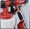 Red spray paint gun with an ergonomic handle and white container, suitable for various painting tasks. Brand logo visible.