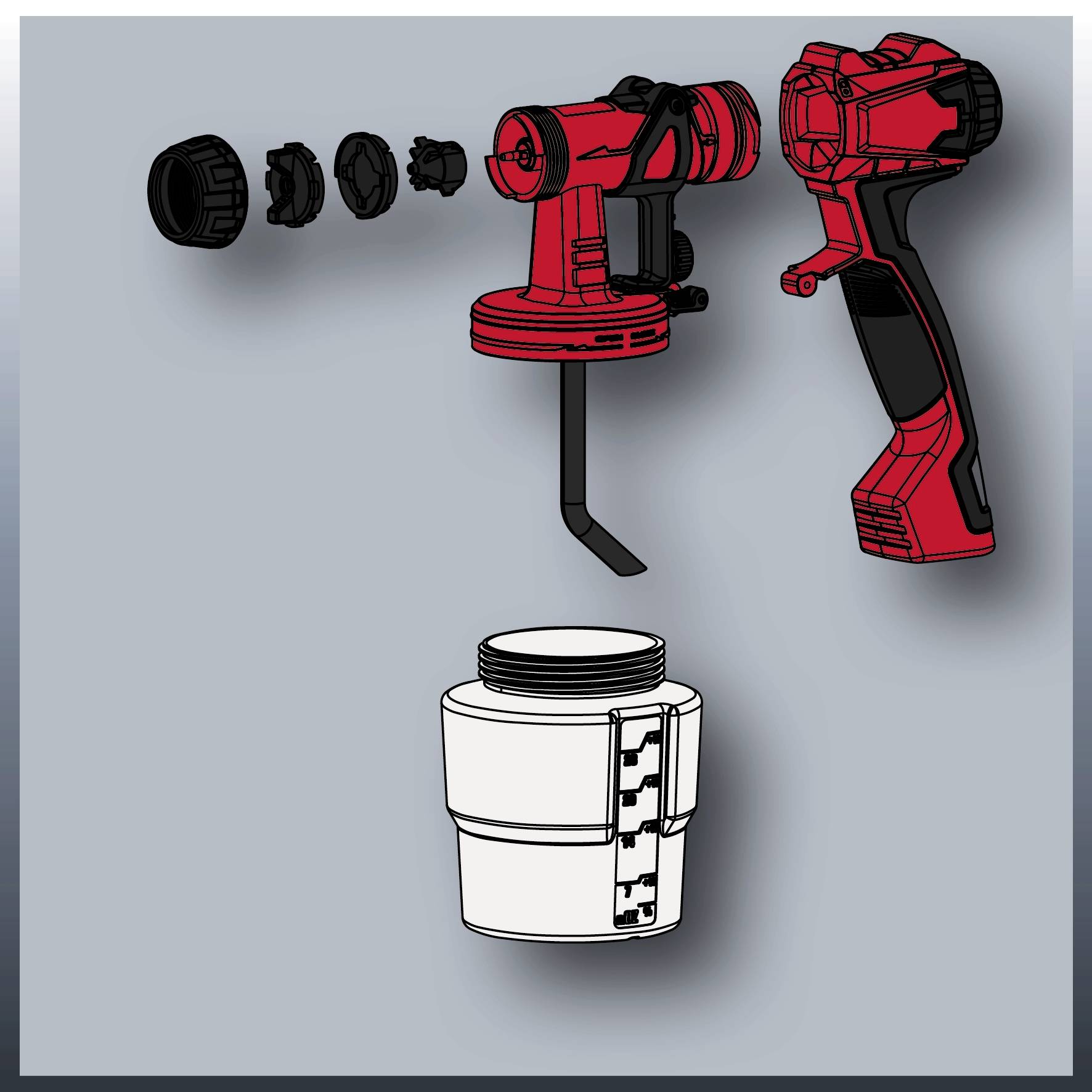 A red spray painter with removable nozzles and a separate white liquid container. Shown in an exploded view.