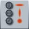 Three grey, round switches on the left; a red exclamation mark on the right.