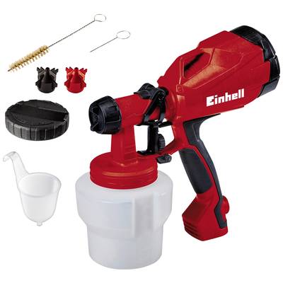 A red paint spray gun with container and accessories including nozzles, needle, cleaning brush and a measuring cup, by the brand Einhell.