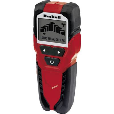 Handheld Einhell stud and metal detector with LCD screen and control buttons, shown front view on a red-and-black casing.