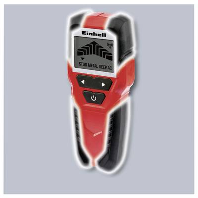 Einhell stud metal detector held upright, red and black, with display and control buttons on a plain gray background.