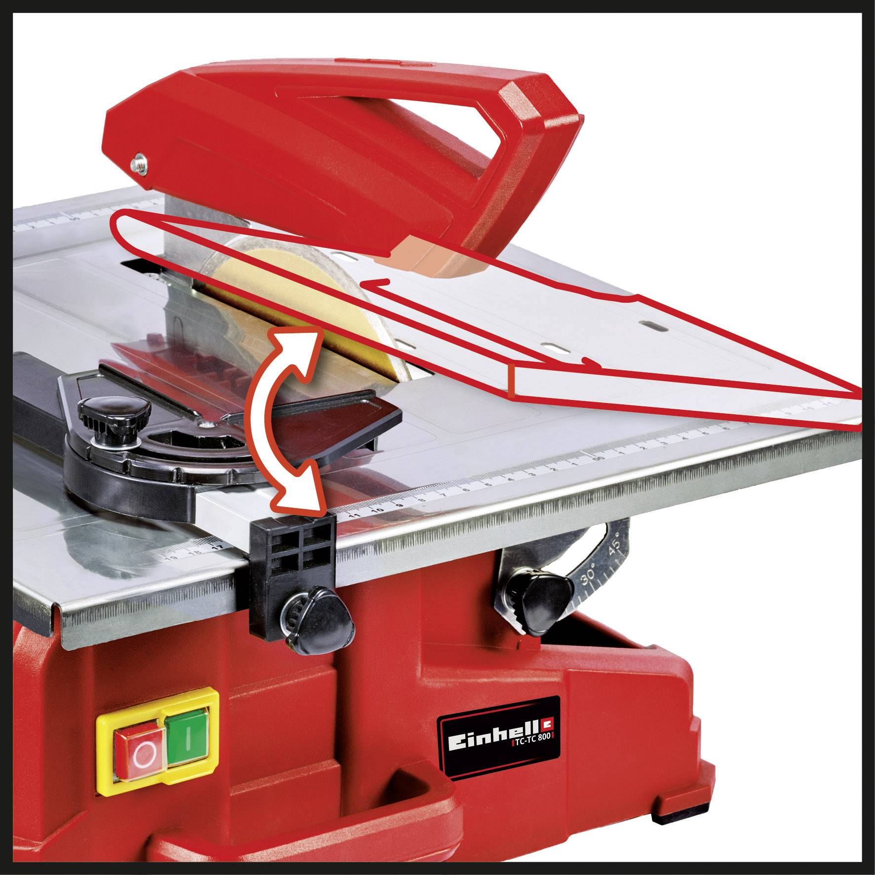 Einhell Table Circular Saw with red casing. Saw blade on a pivoting mount, suitable for precise woodworking.