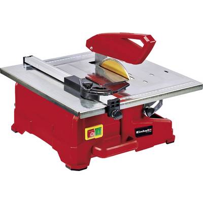 Red table saw with yellow saw blade, equipped with a fence and safety guard. It is used for precise wood cutting.