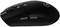 Black, wireless computer mouse with scroll wheel and two side buttons, side view.