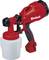 Red and black electric paint spray device with a white, removable container. Suitable for even colour distribution.
