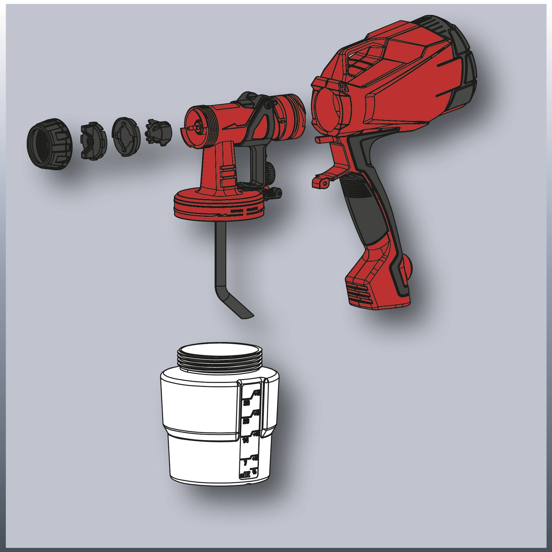 A red electric tool with removable parts, including a handle, a nozzle, and screw caps, alongside a container diagram.