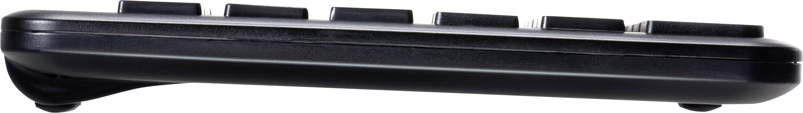 Black computer keyboard viewed from the side, showing the raised profile of the keys.