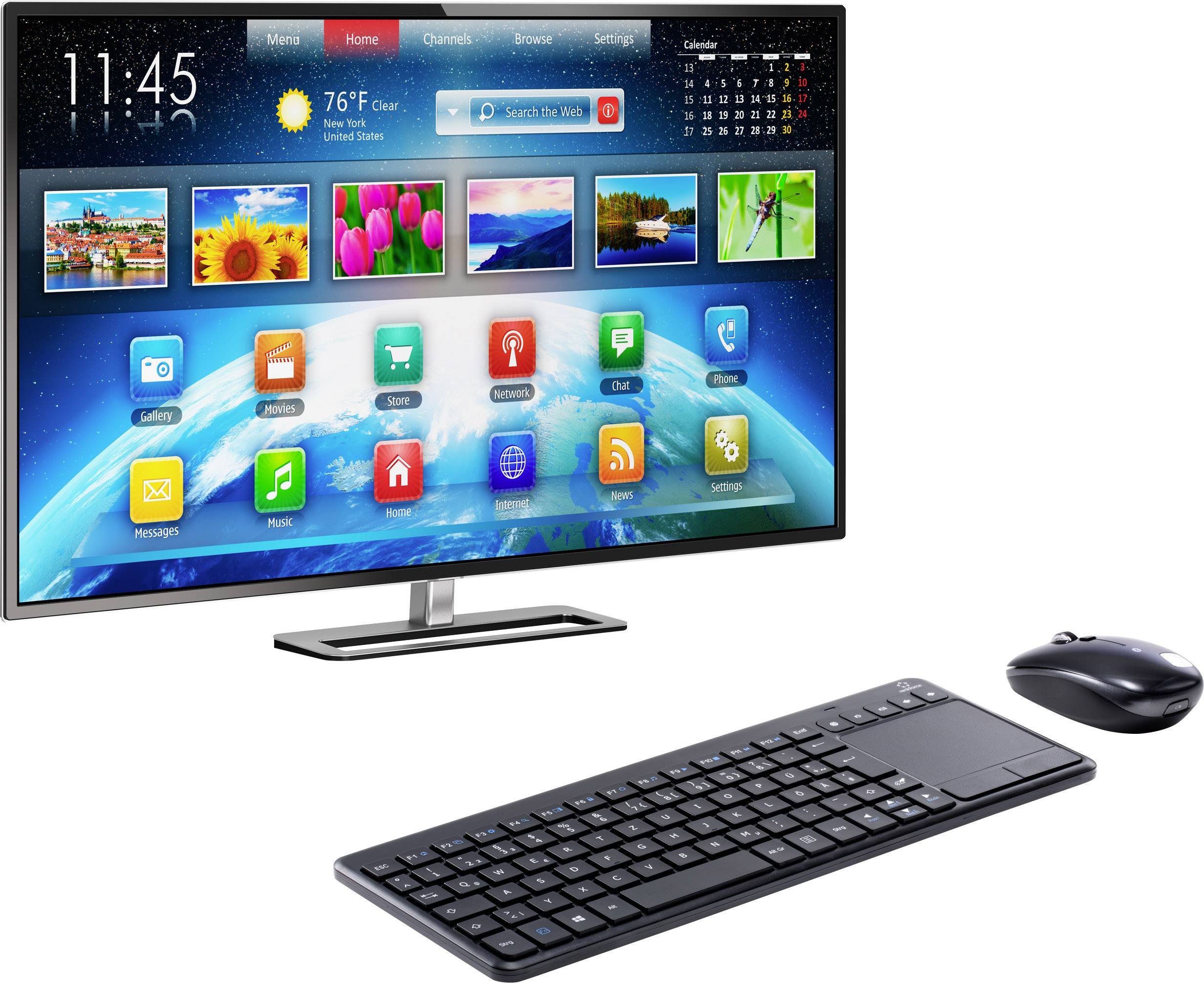 A computer screen displays colourful app icons and a weather forecast. A keyboard and mouse are positioned in front of it.