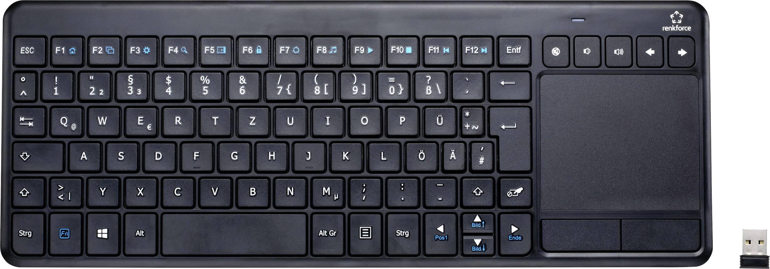 Wireless black keyboard with a touchpad on the right side and USB receiver beside it. Includes function keys and a numeric keypad.